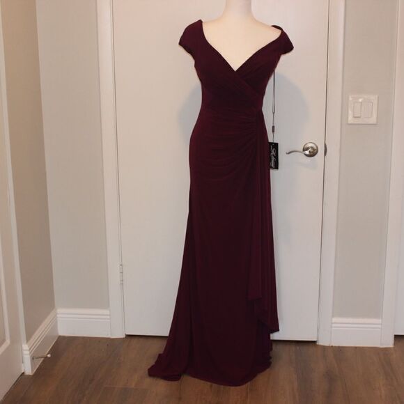 NWT La Femme Dark Berry Ruched Jersey Sheath Gown Maxi Dress Women Size 4 - Picture 3 of 13